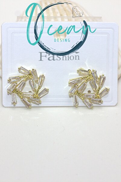 OCEANDESING Pirinç Gold Renk Zirkon Taşlı Daire Model Kadın Küpe – Parlak & Ş...