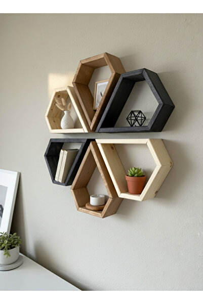varje Damla Formlu 6 Parça Dekoratif Duvar Rafı | Ham Ceviz Siyah Ahşap Set