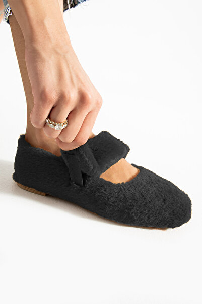 Friend & Trend Siyah Peluş Kışlık Düz Taban Kadın Babet FT3939