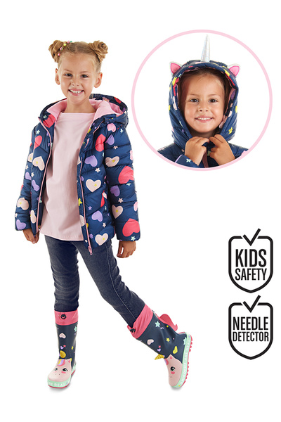 Denokids Dievčenský vodoodpudivý kabát s kapucňou v námorníckej modrej farbe Unicorn