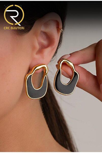 Crc Bijuteri Women's Asymmetrical Black Enamel Earrings