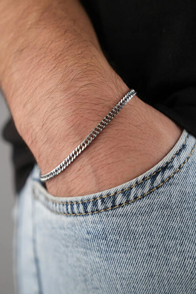 Takı Dükkanı سلسلة رفيعة مسطحة رياضية للرجال سوار سلسلة فولاذية 3 مم 21 سم ec...