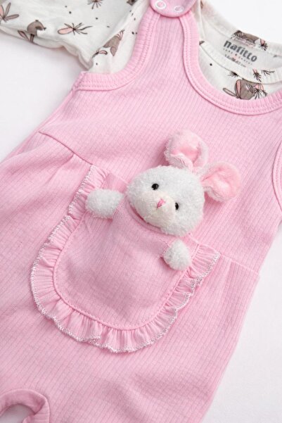 Akcan Pembe Tavşan Cepli Fitilli Kız Bebek Tulum Takımı