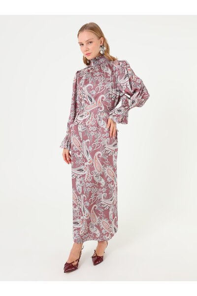 Refka Rochie din satin cu model șal și guler - Pudra -