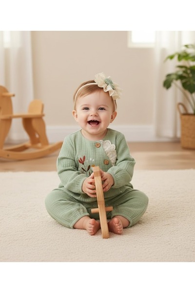 MİNİBORN Pamuklu Çiçek Nakışlı Tekli Kız Bebek Tulum