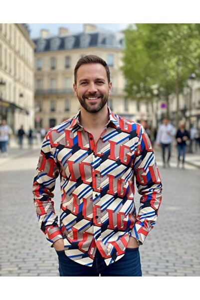 YusGos Uzun Kollu Pamuklu Harf Desenli Regular Fit Erkek Gömlek