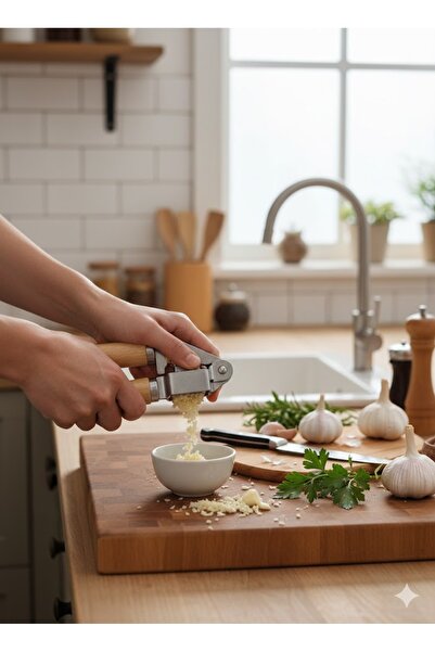 Real Mutfak Bamboo Handle Stainless Steel Garlic Crusher