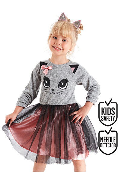 Denokids Γκρι τούλι Αφράτο μακρυμάνικο κοριτσίστικο φόρεμα