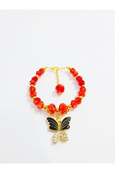 FASHION سوار من خرز الكريستال الأحمر مع سحر الفراشة المينا