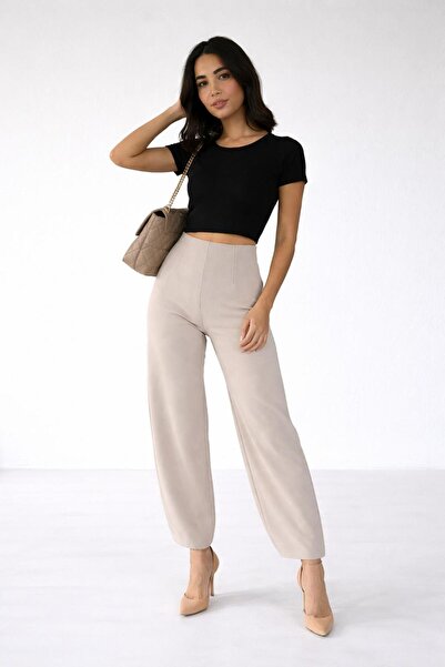 MG GİYİM STORE Crepe Fabric High Waist Balloon Pants Stone Office Casual Stylish