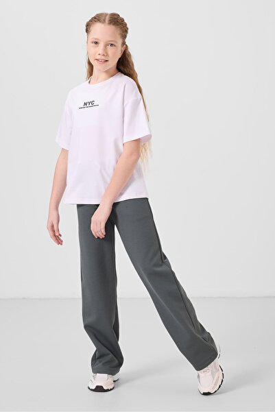 TOMMY LIFE Beyaz-Haki O Yaka Baskılı Geniş Paça Standart Fit Kız Çocuk Palazz...