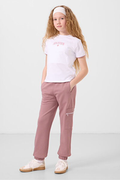 TOMMY LIFE Beyaz-Gül Kurusu O Yaka Baskılı Lastik Paça Kargo Cepli Kız Çocuk ...