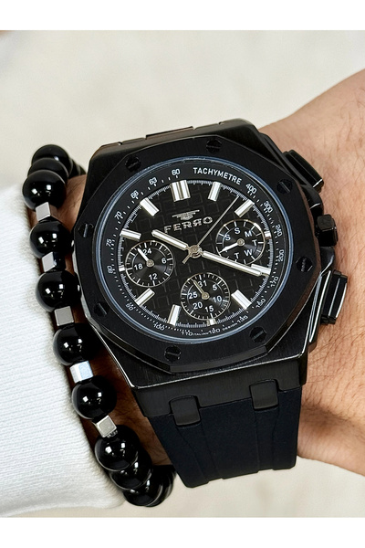 FERRO Siyah Silikon Kordon Erkek Kol Saati FM43001D-G Fonksiyonları Aktif Su Geçirmez Bileklik Hediye