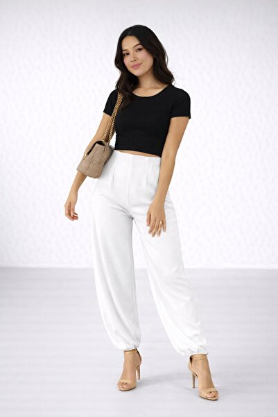 MG GİYİM STORE Crepe Fabric High Waist Balloon Pants White Office Casual Stylish