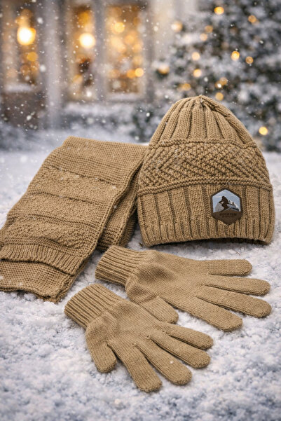Monkabox Tan Color 9-15 Years Old Boys' Scarf Beanie Gloves Set
