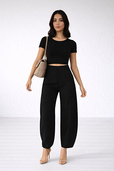 MG GİYİM STORE Crepe Fabric High Waist Balloon Pants Black Office Casual Stylish