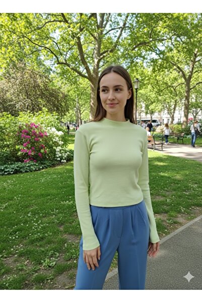 MADAM SHİLA زيت أخضر داكن Darkalıp Slimfit قطن رقبة وهمية وأكمام طويلة نصف جس...