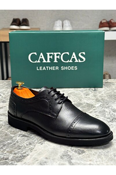 Caffcas حذاء رجالي كلاسيكي مصنوع يدويًا من الجلد الطبيعي باللون الأسود 2915-02-E