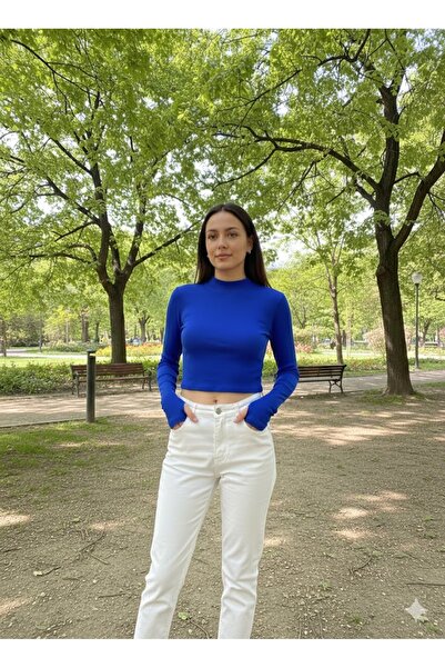 LADY HAZAL قميص أزرق نصف صياد السمك ذو أكمام طويلة من القماش المضلع مع تفاصيل إصبع