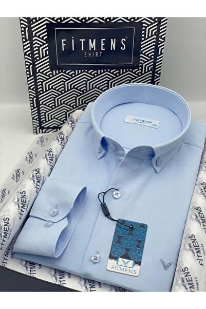 Fitmens قميص رجالي قطني بأكمام طويلة وقصة ضيقة سهل الكي مع علبة هدايا FS-002225 - أزرق ثلجي