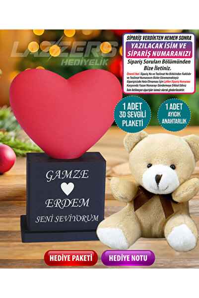 LAZZERS HEDİYELİK 3D Kalpli Sevgili Plaketi Kupası ve Ayıcık Seti - Sevgilile...