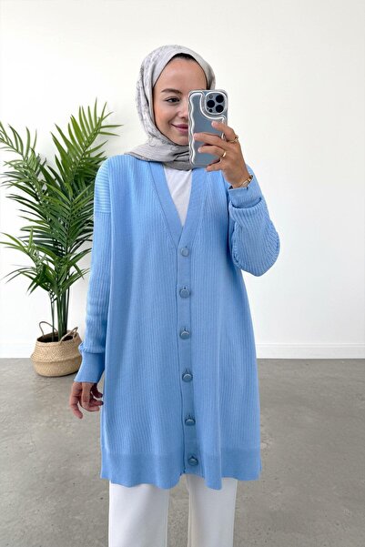 Ka Hijab Cardigan mercerizat Button material reiat - Baby Blue