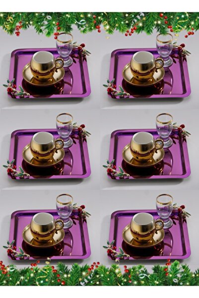 SİNİ Zeytin Dalı Aksesuarlı Paslanmaz Çelik 6 Adet Kare Pembe Lüx Kahve, Çay Sunum Servis Tepsisi