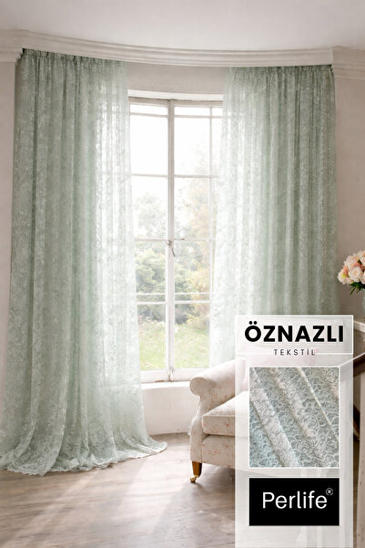 Perlife Gold ® Su Yeşili Tül Perde – Full Dantel | Tam Boy Ölçünüzü Satıcıya Not Yazınız!