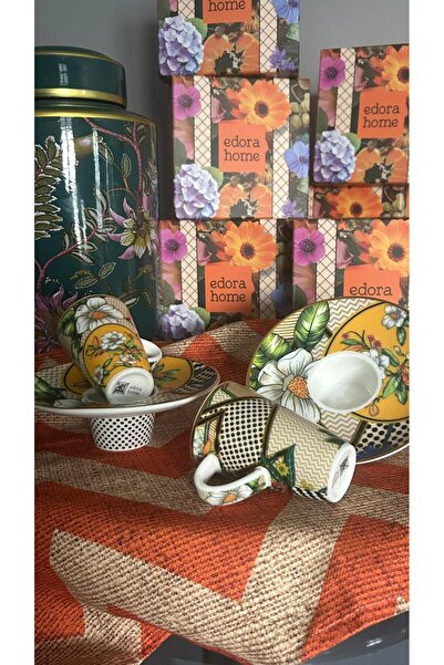 Edora Home Turkish Coffee Cup Set Vintage Floral for 2 People 4 Pieces (Cup+Saucer)
