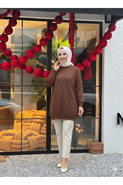 MEİLİN Kahverengi Bisiklet Yaka Merserize Salaş Triko Tunik