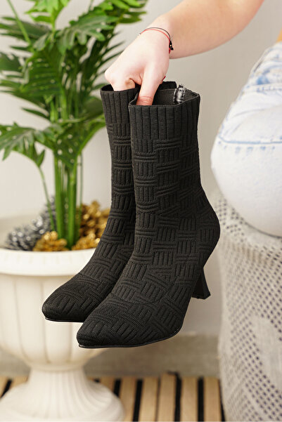 Nstil حذاء نسائي أسود منسوج - كعب عالي رفيع، نعل مرن مسنن، حذاء مريح بمقدمة مدببة 170