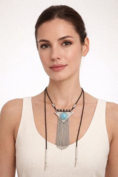 Gönülden Tasarım Turquoise Leather Strap Chain Tassel Authentic Women's Neckl...