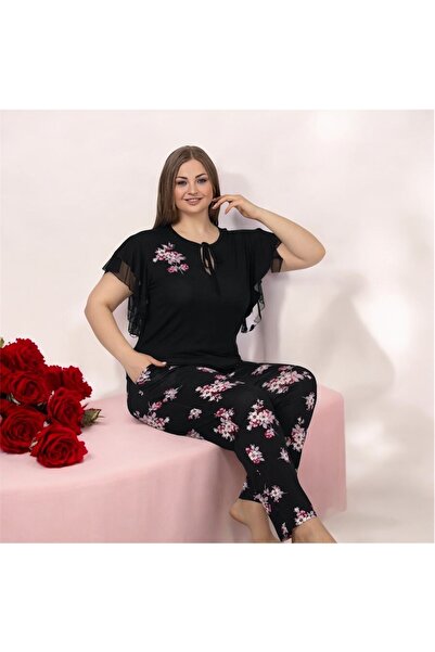 Lady Lingerie ÇİÇEK DESENLİ KISA KOLLU CEPLİ BATTAL BEDEN KADIN PİJAMA TAKIMI