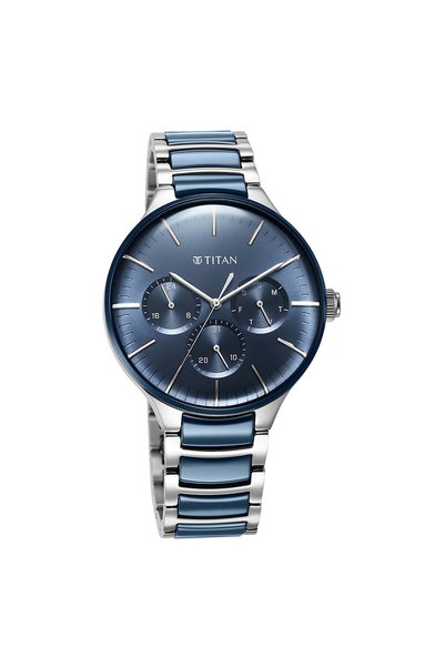 Titan ساعة سيراميك فيوجن رجالية 90148KD02 - مينا أزرق داكن، سوار ثنائي اللون