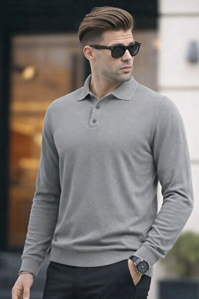 COMBİNE MİCHAİL Men's Polo Neck Knitwear Gray Loose Basic Sweater