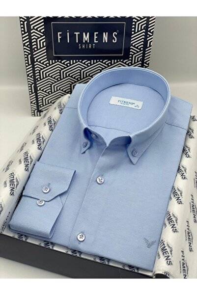 Fitmens قميص رجالي قطني بأكمام طويلة وقصة ضيقة سهل الكي مع علبة هدايا FS-002225 - أزرق