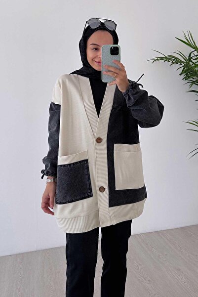 Ka Hijab Çift Cep Tasarım Hırka - Siyah