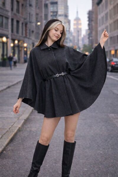 KaraAS Kadın-Kemerli-Kaşe-Panço