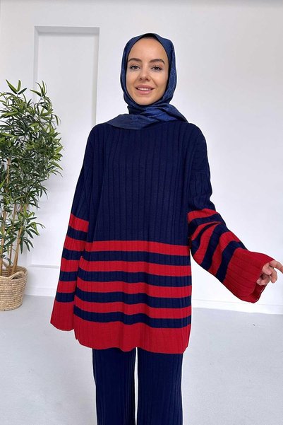 Ka Hijab Double Color Striped Hijab Double Knitwear Set - Navy Blue