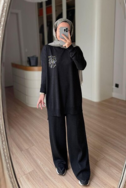 Ka Hijab Taşlı Cep Tesettür İkili Merserize Takım - Siyah