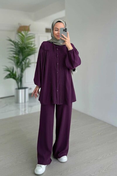 Ka Hijab Işıltılı Pilise Detaylı Takım - Mor