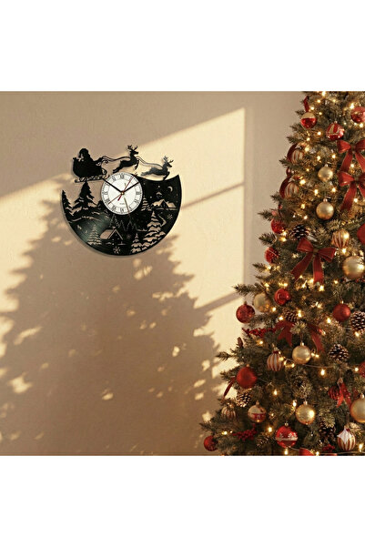 Handmade El Yapımı Yeni Yıl Dekoratif Plak Saat – Noel Baba & Geyik Tasarımlı