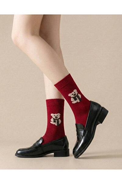 FENRA STUDIO جوارب نسائية قطنية لطيفة بنمط الدب تيدي باللون العنابي