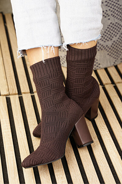 Allyup Cizme de zi cu zi maro pentru femei - toc gros înalt, tricotaje vârf a...