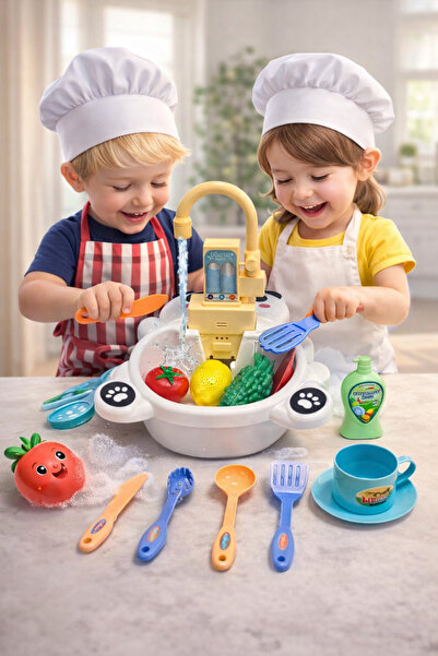 hak-iş oyuncak Pilli Dolaşımlı Pandalı Lavabo Seti 14 Parça Mutfak Oyuncak Seti