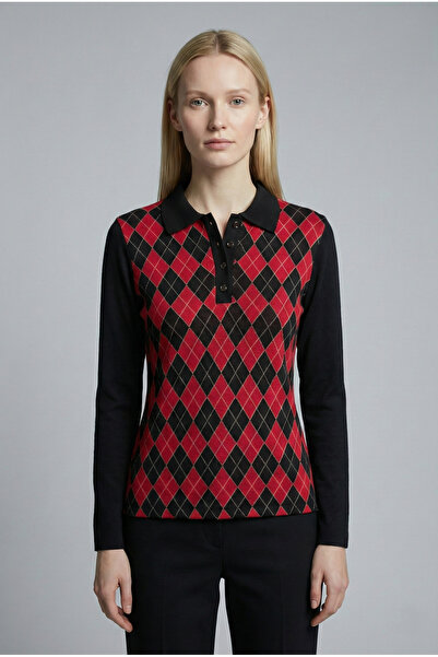 Şiir BILBAO Pulover și bluză și top cu mânecă lungă, cu guler polo, cu model de diamante, pentru femei - negru