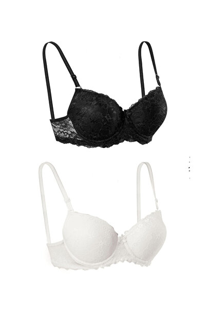 lenastella Siyah Beyaz Destekli Dantelli 2li Sütyen