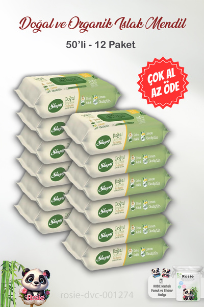 Sleepy 12 Paket Doğal Ve Organik Islak Mendil 50'li ve ROSIE Pamuk