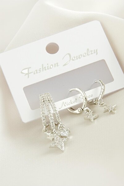 ZERO LAND Mtxdpn 3 Pcs Star Zircon Stone (172120) Earrings-Silver Color