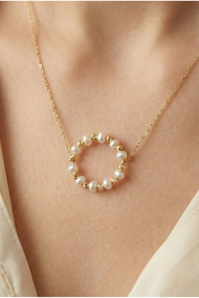YCL JEWELLERY 14 Ayar Altın Dorika Toplu İncili Altın Halka Kolye